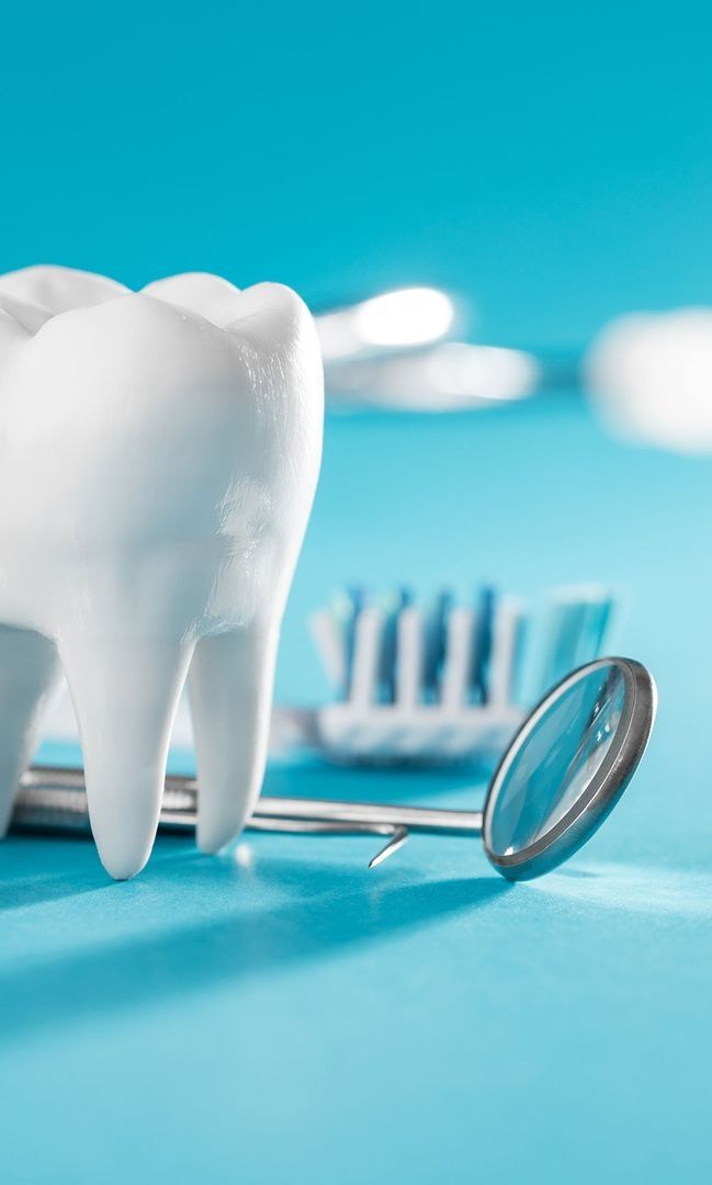 Symbolisches Zahnmodell mit Zahnarztspiegel und Zahnbürste im Hintergrund