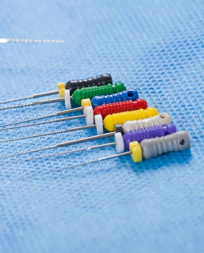 Nahaufnahme von farblich kodierten Wurzelkanalinstrumenten auf einem blauen sterilen Tuch.